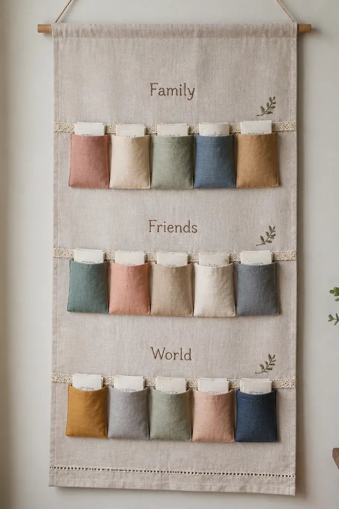 A vertical linen panel with three horizontal ribbon lines. Along each ribbon are small cloth pockets sewn in different colors. Each pocket holds folded prayers, and tiny embroidered letters label the sections: “Family,” “Friends,” and “World.”