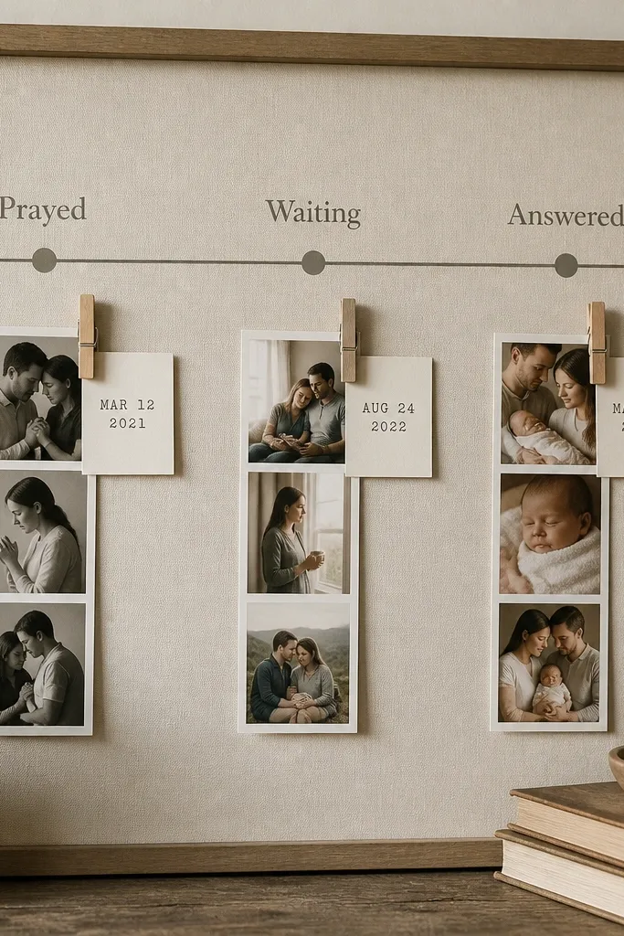 A board with a simple timeline drawn in muted gray. Small photo strips of family moments appear at “Prayed,” “Waiting,” and “Answered.” Each photo has a small card clipped beside it with clothespins and a tiny date stamp.