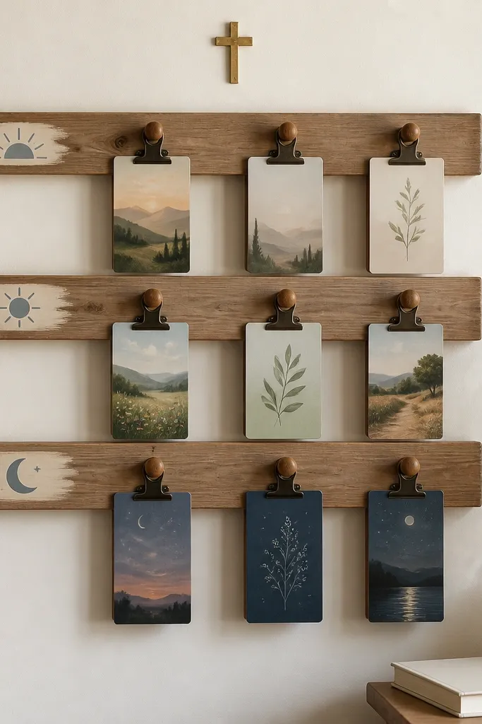 A set of horizontal wood slats mounted on the wall. Peg hooks hang at regular intervals holding prayer cards on small clipboards. Under each slat, a small painted label reads “Morning,” “Afternoon,” and “Night.” A small brass cross pin sits near the top.