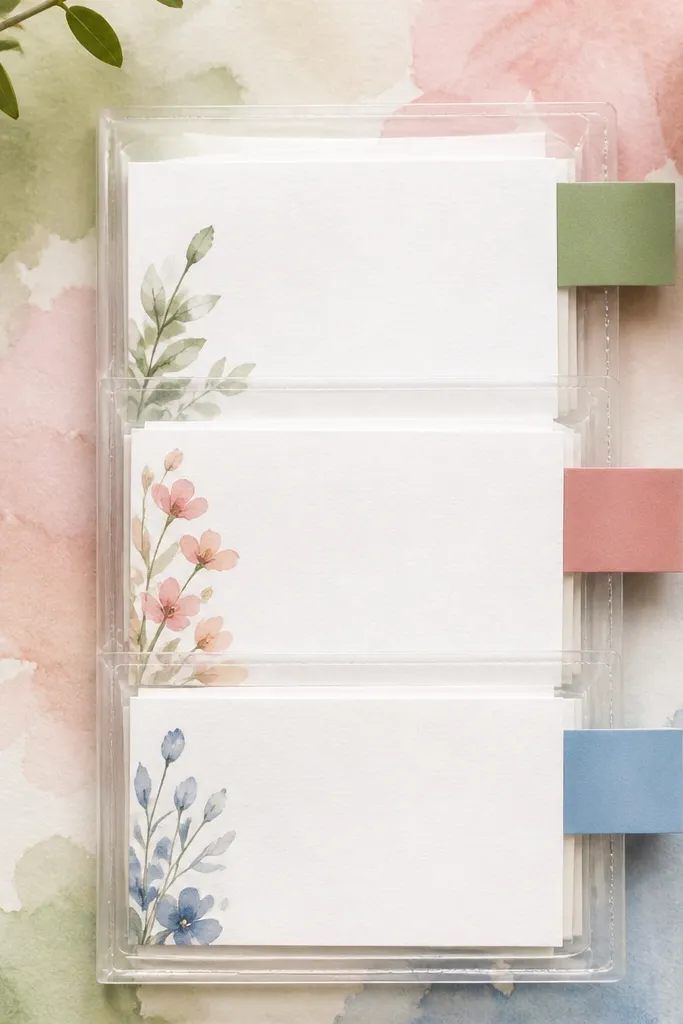 A watercolor-painted background in soft sage, dusty rose, and sky blue. Over it, clear plastic sleeves hold prayer cards. Color-coded sticky tabs mark sections labeled “Pray for,” “Thank God for,” and “Please help.”