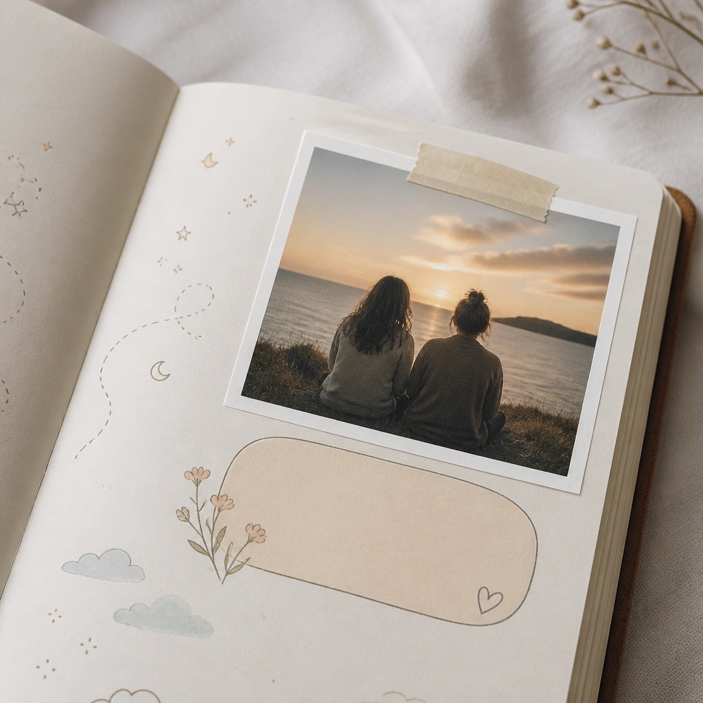 A diary spread corner featuring a taped “photo” rectangle with a white border, plus a rounded caption bubble that reads like a memory; the rest of the page has soft doodles.