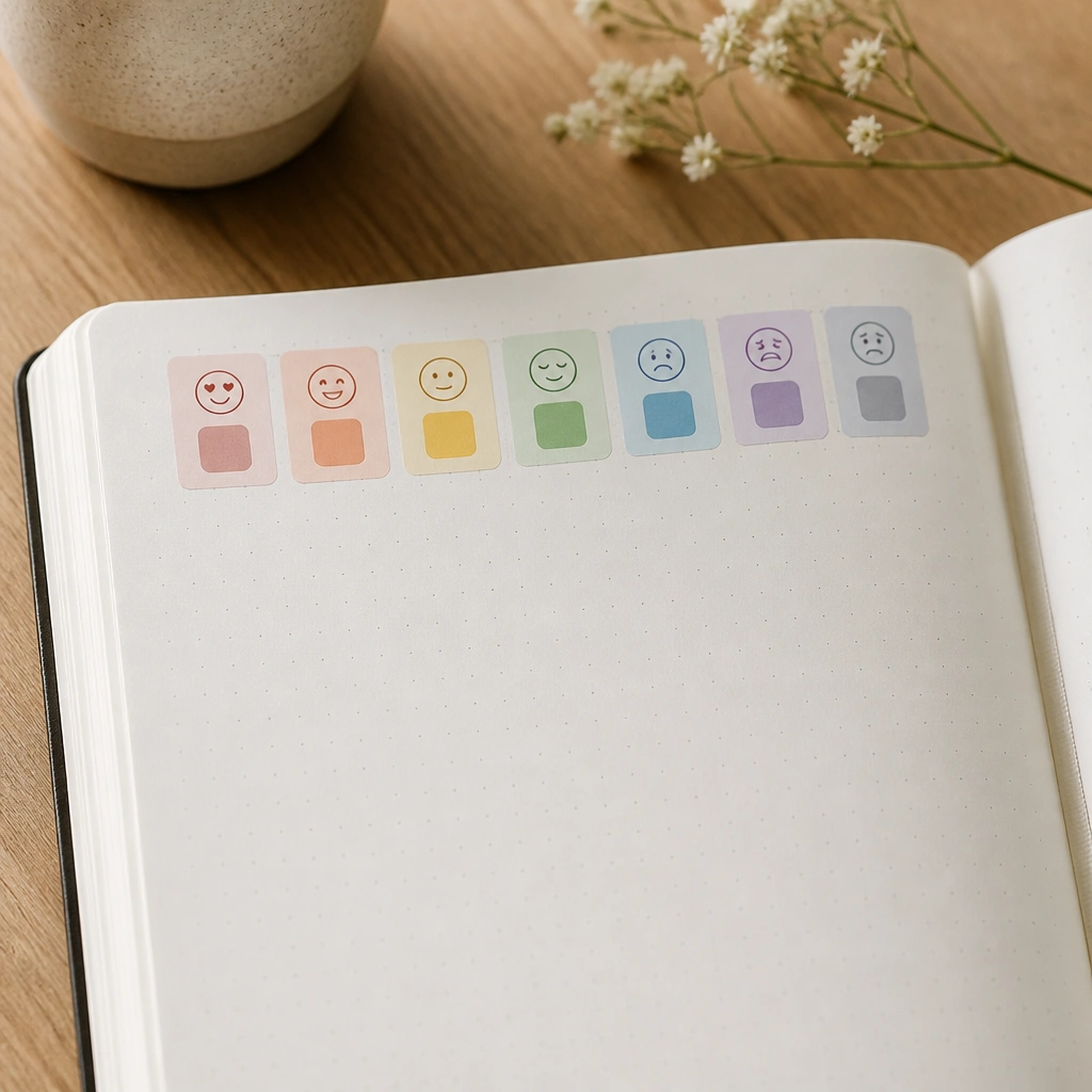 A diary page showing a horizontal strip at the top made of small colored sticker blocks, each block labeled with a mood word and a tiny color swatch.