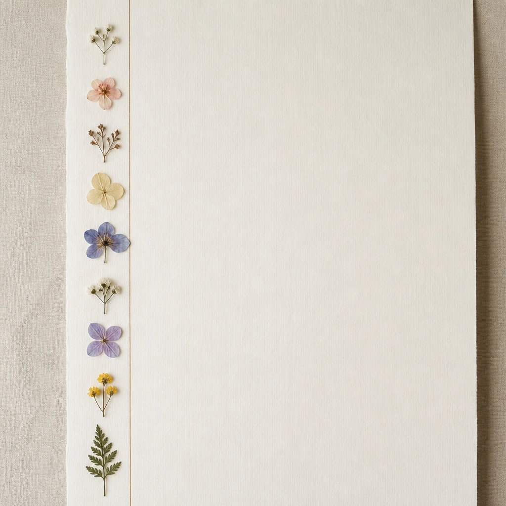 A page with a thin vertical timeline line on the left, and a strip of tiny pressed flowers aligned along the edge, while the text runs in a clean column.