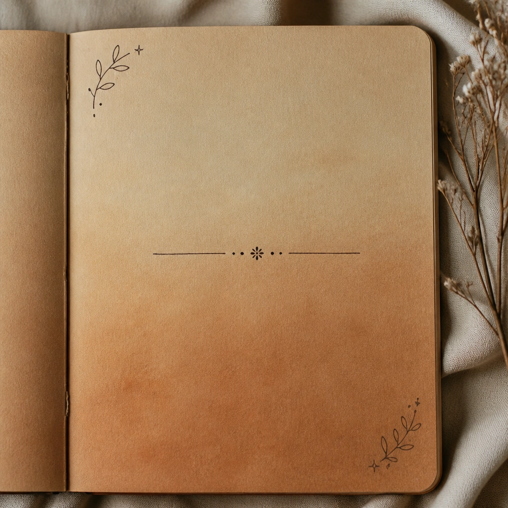 A diary page with a soft ombre wash from light tan to deeper brown in the background, with a single centered quote line in dark ink and minimal doodles in the corners.