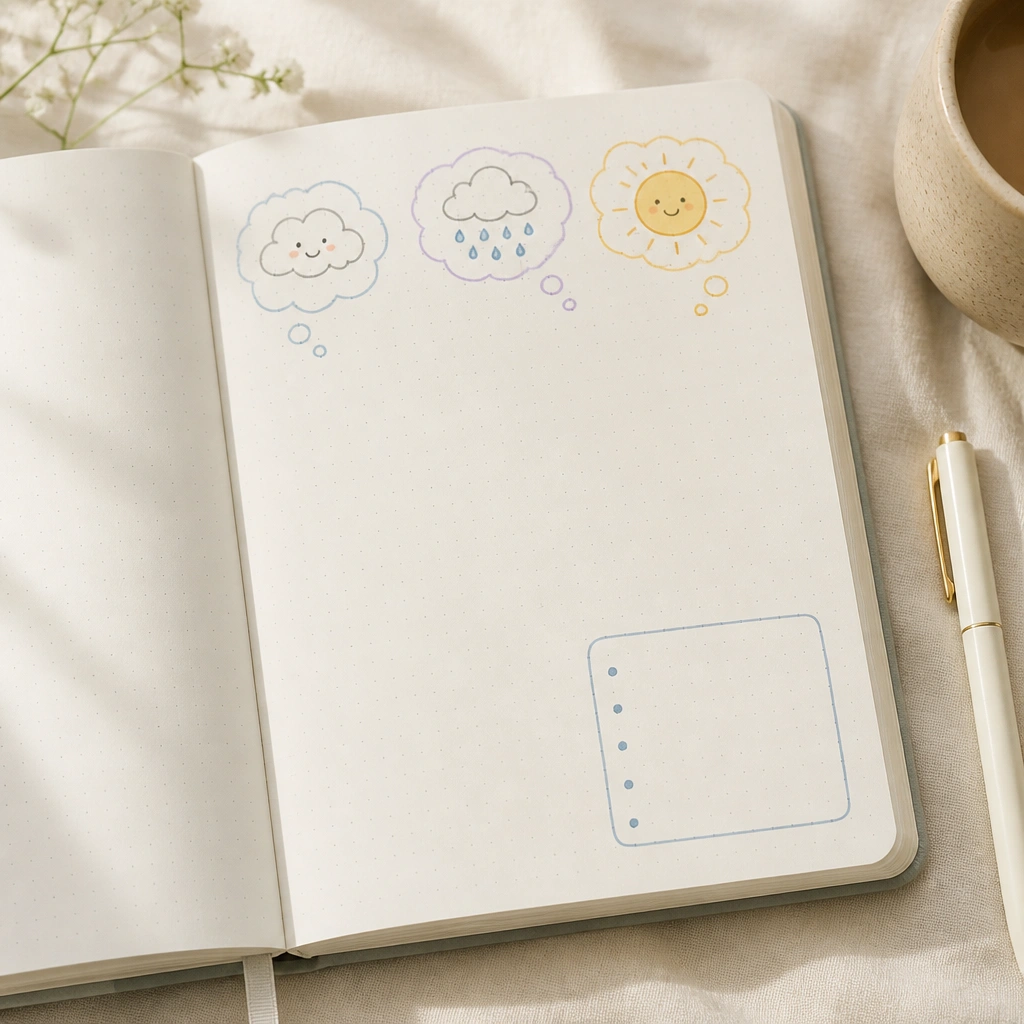 A diary page with cute cloud, rain, and sun bubble doodles across the top, and a small boxed section labeled “tomorrow” with bullet points.
