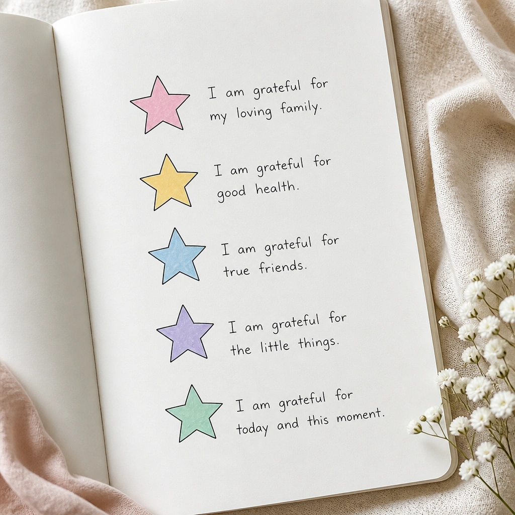 A page with five outlined stars filled with different pastel colors, each star accompanied by one short gratitude phrase written in neat handwriting.