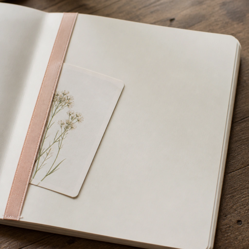 A diary page with a thin ribbon glued along the margin, forming a tiny pocket flap, with a small card tucked under the ribbon.