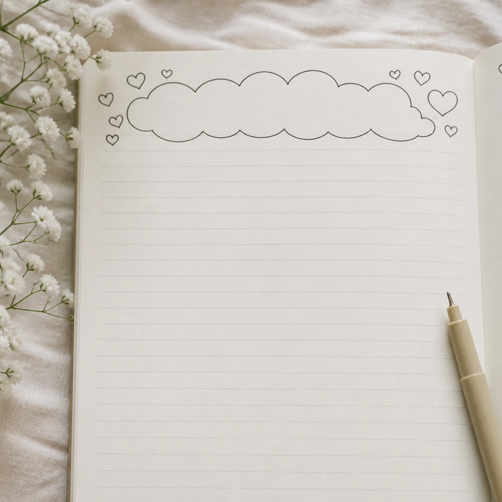 A page where the background has faint horizontal lines drawn with a ruler, and a large freehand header in bubbly letters at the top with small hearts.