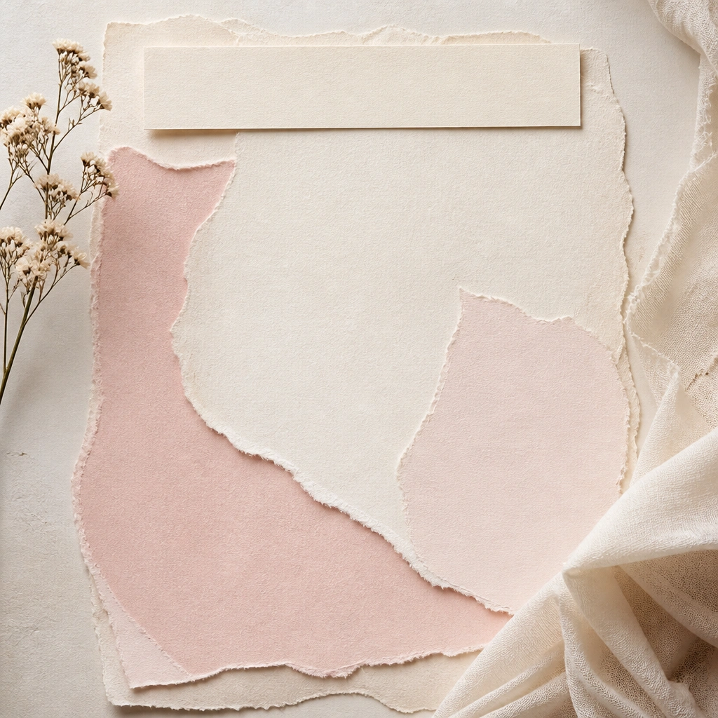 A page with layered torn paper shapes in cream and pale pink behind the text, plus a straight-edged title strip near the top with a handwritten heading.