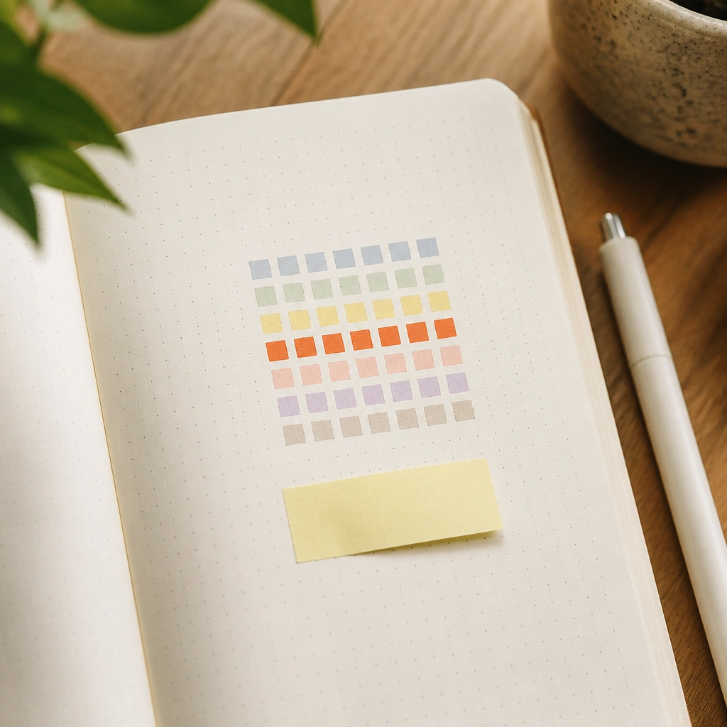 A diary page with a mini 7x4 grid of tiny squares for habits, each square shaded lightly, with one row highlighted in a brighter color and a small “progress” note.