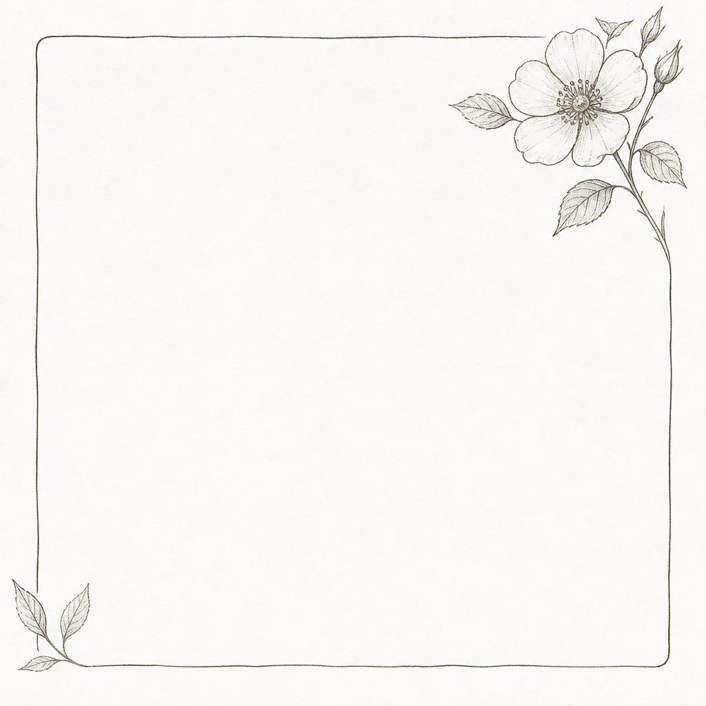A delicate flower doodle sits in the top-right corner, surrounded by a thin rectangular frame with slightly uneven edges. Two small leaves peek into the frame, and the rest of the page is left clean white space.