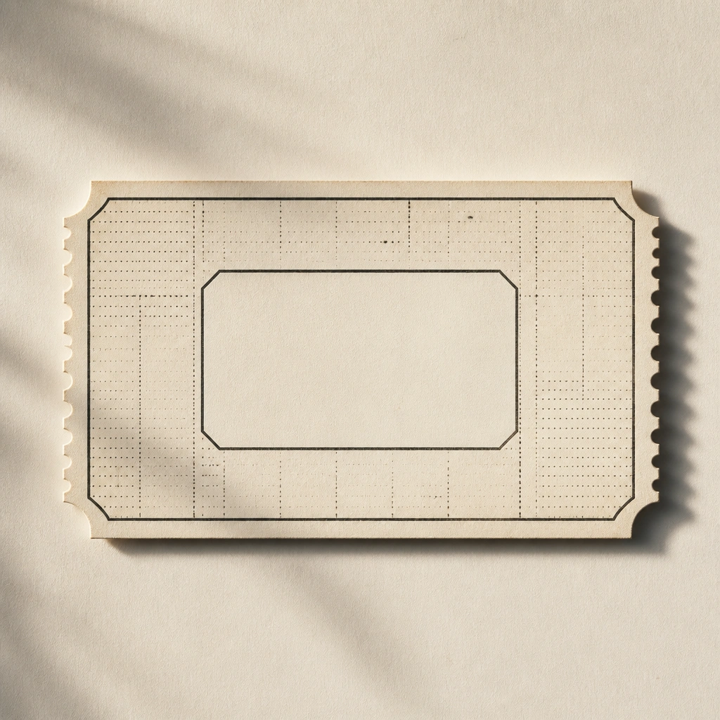 A ticket-shaped rectangle with perforated sides is drawn across the page, with a bold blank date box in the center. Tiny lines and dots fill the ticket background like old receipts.