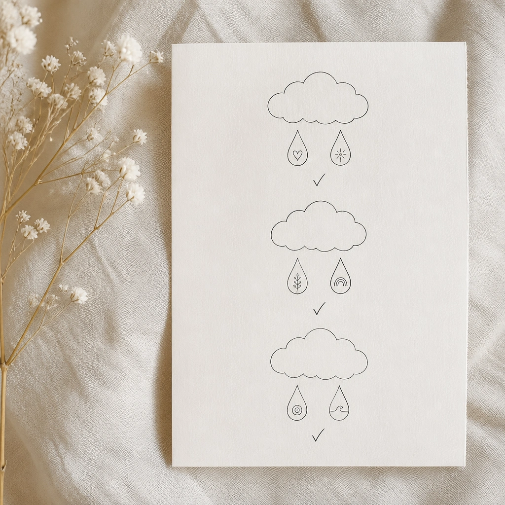 Three fluffy cloud outlines are stacked vertically, each with two raindrops below. The raindrops contain tiny handwritten words, and a small checklist mark appears under each cloud.