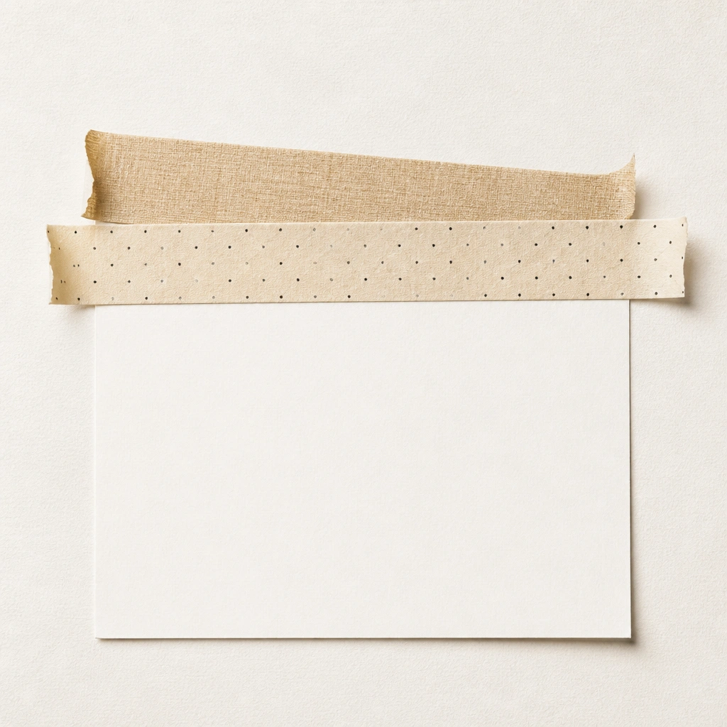 Two horizontal “tape” strips overlap across the page, drawn with slightly different thicknesses and subtle pattern textures. A blank space underneath acts like a photo area, and small tape ends curl upward.