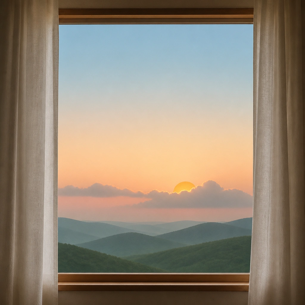 A rectangular window frame with two curtain folds on the sides. Inside, a simple skyline with rounded hills and a small sun peeking behind clouds. The sky has a soft gradient look with three bands.