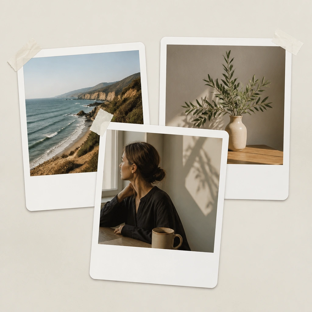 Three overlapping polaroid-style rectangles with rounded corners. Each one has a white caption strip at the bottom, and the top corners look like they’re taped down with tiny tape tabs.