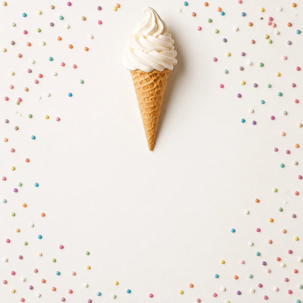 An ice cream cone centered near the top with a big swirl. Around the page edges are small sprinkle dots that look like confetti, but the center area is mostly clean for writing.