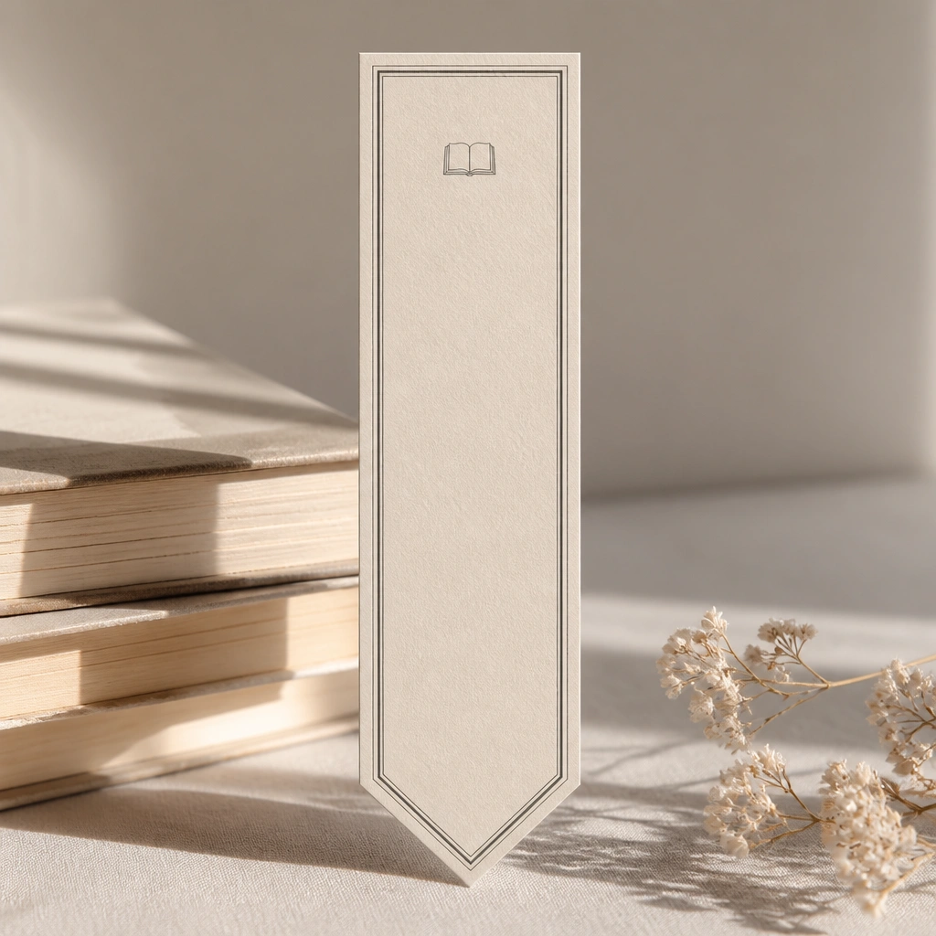 A tall bookmark-shaped rectangle with a pointed bottom. It has a tiny book icon near the top and a border made of alternating thick and thin lines, like page margins.