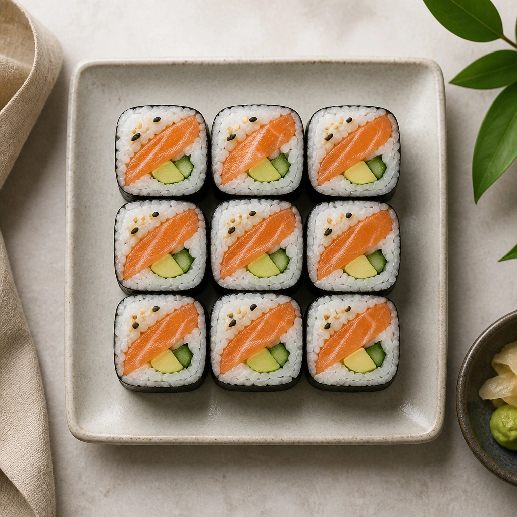 A small 3x3 grid of sushi rolls, each outlined with a simple rectangle-and-curve shape. Each roll has one diagonal stripe and a couple of tiny sesame dot accents.