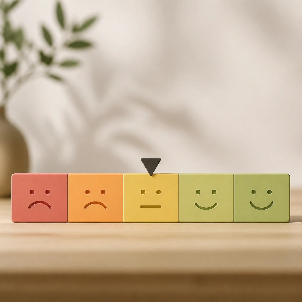 A horizontal scale with 5 segments, each segment containing a tiny face. The faces go from sad to happy, and the scale has a small arrow pointer above the center.