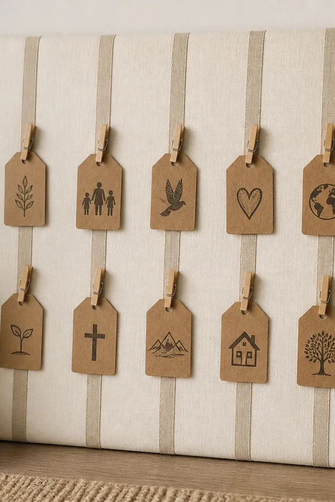 A cream linen-covered board with vertical beige ribbon strips. Small kraft tags hang from each ribbon using mini clothespins, each tag stamped with a different prayer topic.