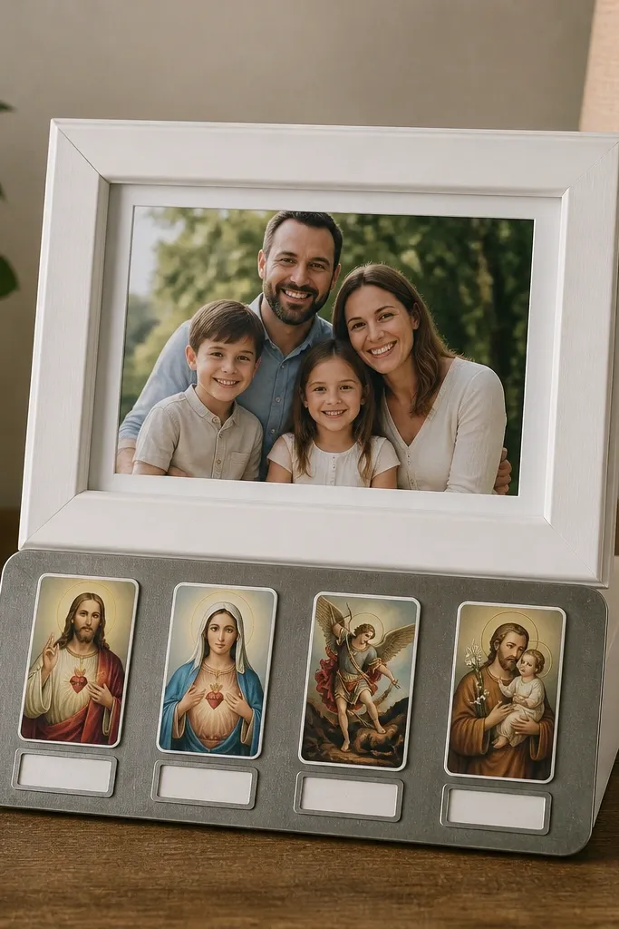 A white tabletop frame holding a small printed family photo. Around it, four magnet-backed prayer slips sit on a gray metal insert with tiny labeled stickers.