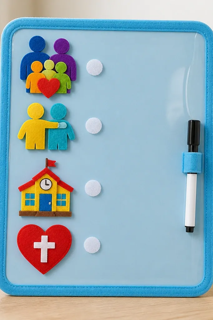 A bright sky-blue board with a clear plastic wipe surface. Colorful felt icons with Velcro dots show “Family,” “Friends,” “School,” and “God’s Love,” plus a small dry-erase marker clipped on the side.