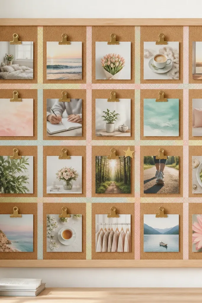 A cork board crisscrossed with pastel washi tape forming a neat grid. Ten small clip cards sit in each grid square, and a tiny gold star sticker marks the “Today’s Focus” square.