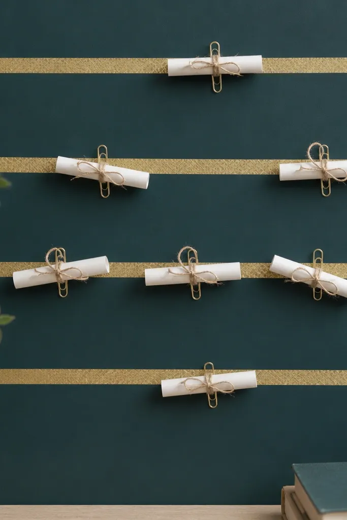 A dark teal board with gold washi “rails.” Several rolled mini scripture strips are tied with thin twine and clipped with tiny paper clips along the rails.