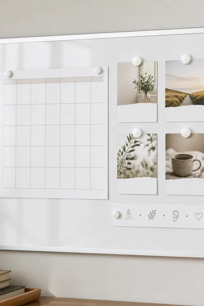A white magnetic board with a small monthly calendar grid. Next to it, four magnets hold card-sized prayer prompts, and a small checklist strip reads “Pray • Thank • Listen • Share.”