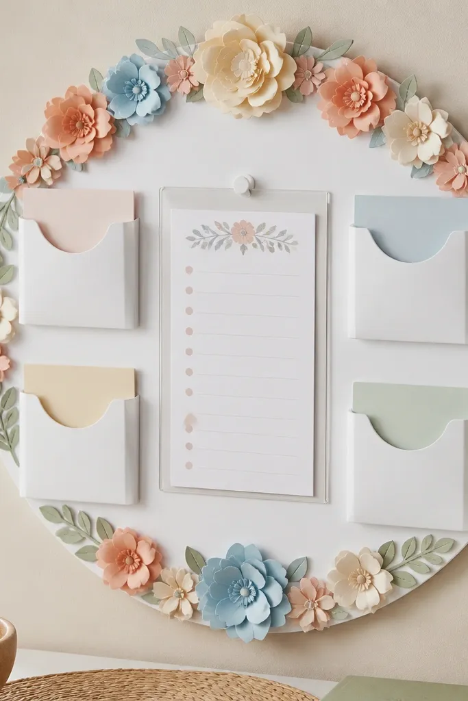 A white board shaped like a circle wreath with small paper flowers around the edges. In the center, a clear pocket holds a weekly prayer card, and four corner pockets hold “Today,” “Next,” “Thanks,” and “Help.”