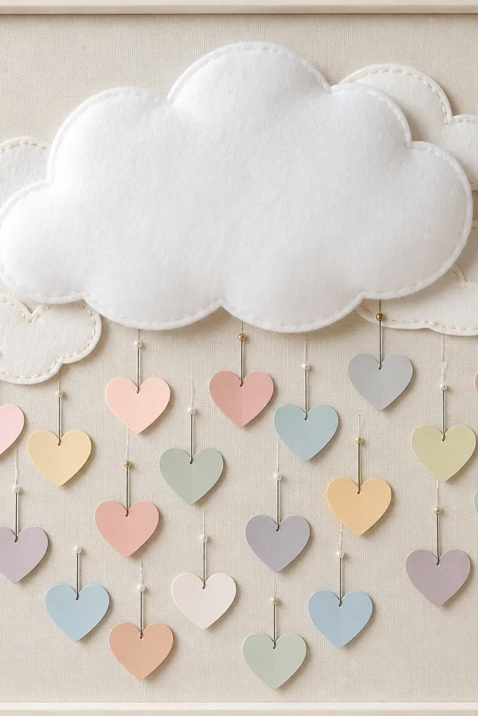 A light cream board with a large felt cloud layered over smaller stitched clouds. Under the clouds, tiny “confetti” paper hearts are pinned with straight pins, each heart labeled with a prayer focus.