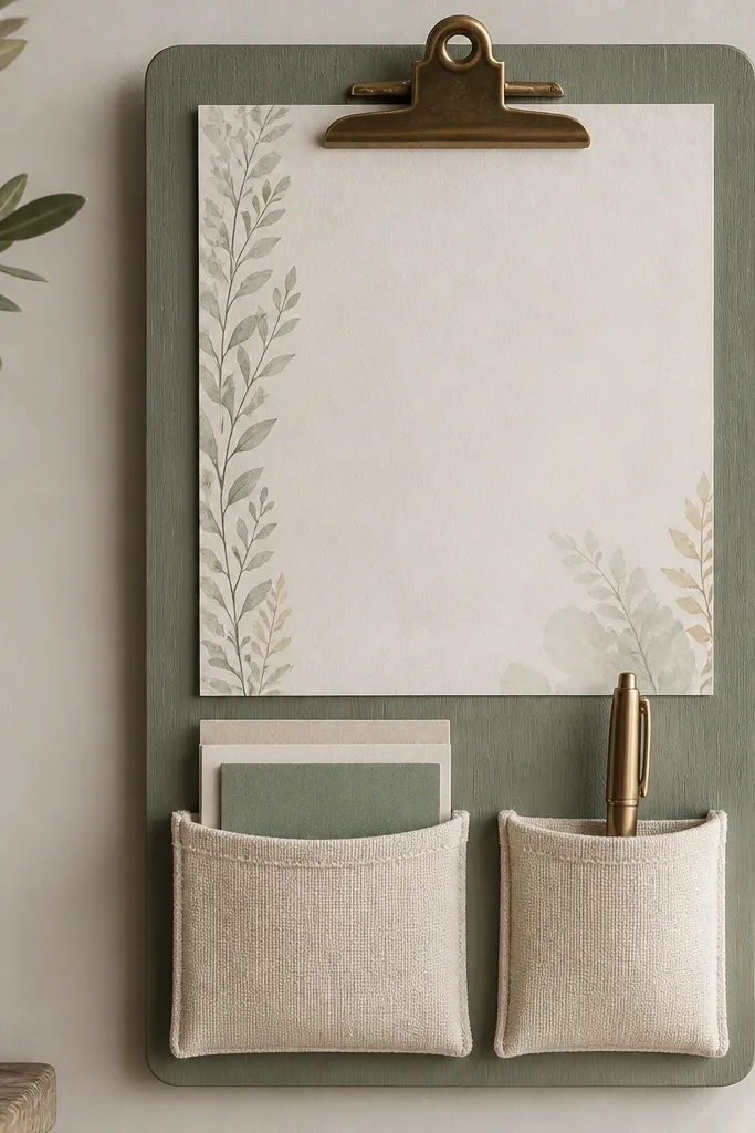 A wooden clipboard painted sage green with a clip at the top. A cardstock prayer layout is clipped in place, and two small fabric pockets hang below for cards and a pen.