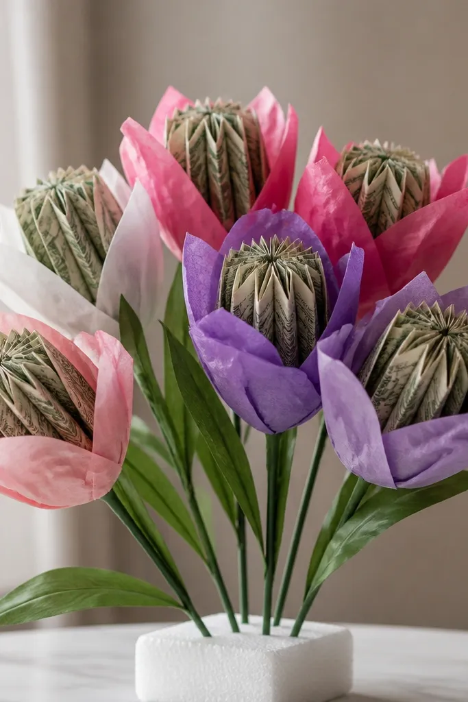 Bills folded into accordion shapes around skewers, arranged like tulips with layered tissue “petals,” in a small foam base.