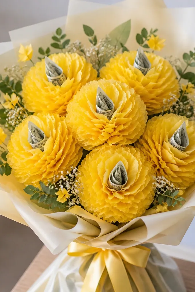 A bouquet where each money bloom is a bright yellow tissue puff with a bill center, surrounded by small cut tissue petals.