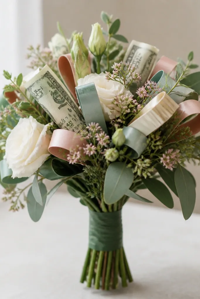 A bouquet featuring a few folded bills mixed with small gift card strips folded into ribbon-like loops, all tied together with green floral tape.