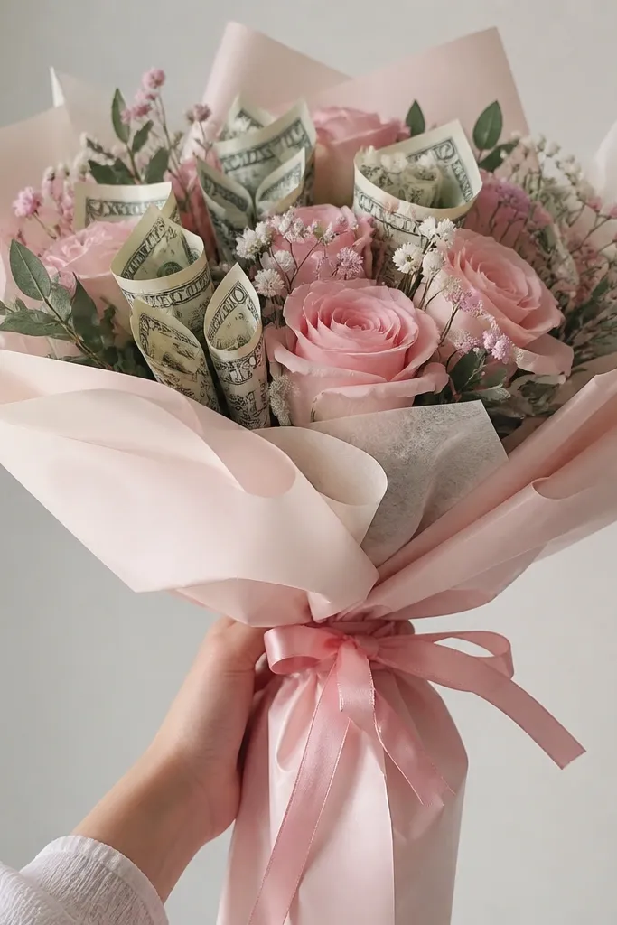 A handheld bouquet wrapped in pastel tissue paper around the stems, with money flowers peeking out and a satin ribbon tie at the top.