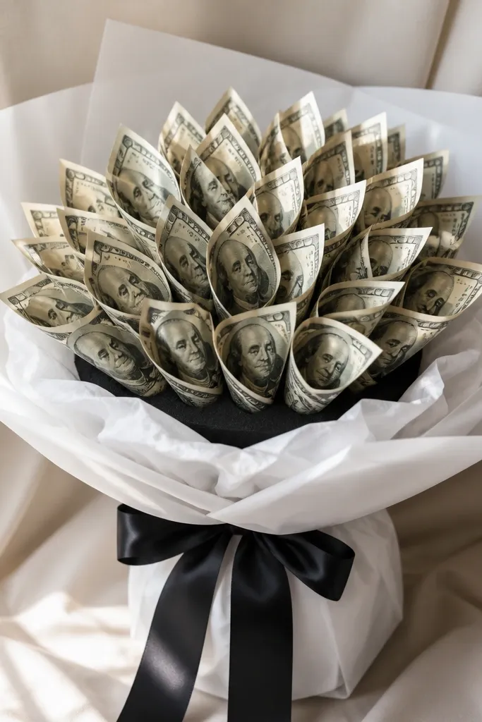 A sleek bouquet with black ribbon, white tissue, and neatly folded bills arranged in a symmetrical pattern on a foam base.