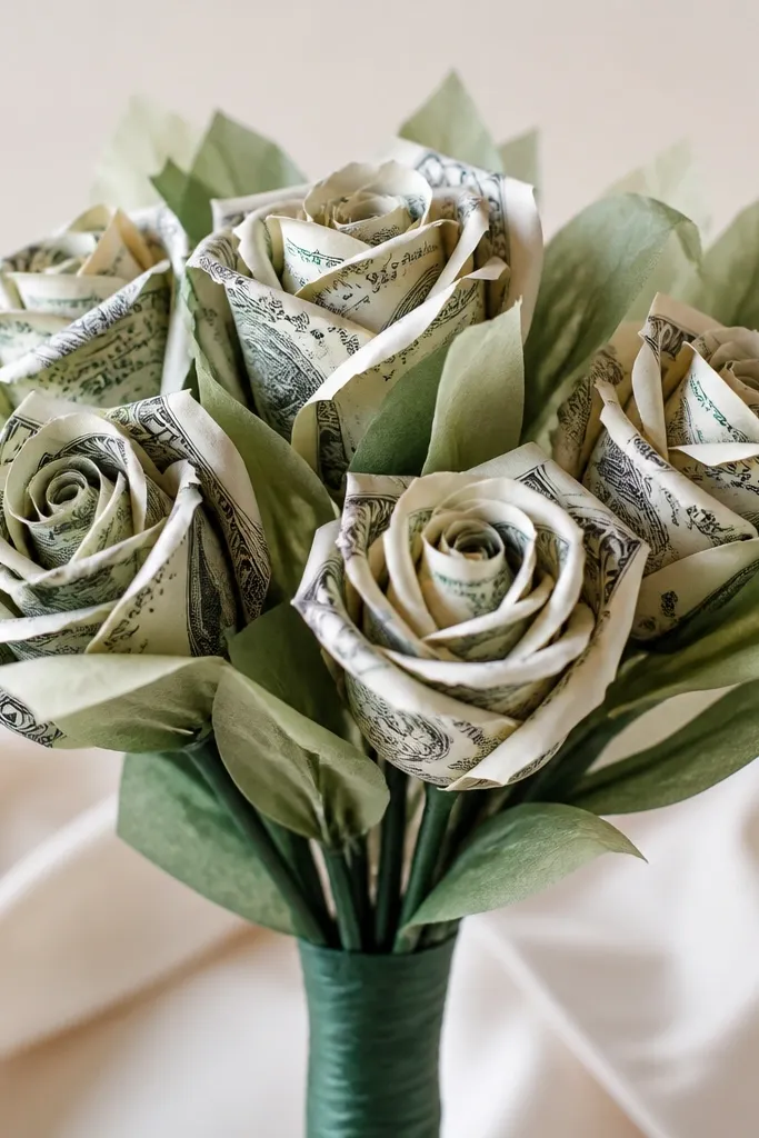 A bouquet with rose-style rolled bill blooms and visible tissue leaf layers, with stems wrapped tightly in green floral tape.