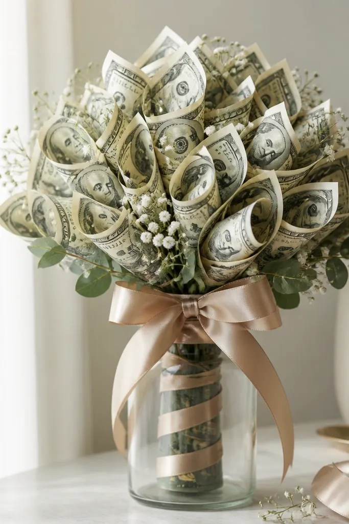 A money bouquet assembled in a jar, with ribbon spiraled down the stems and a bow at the jar rim.