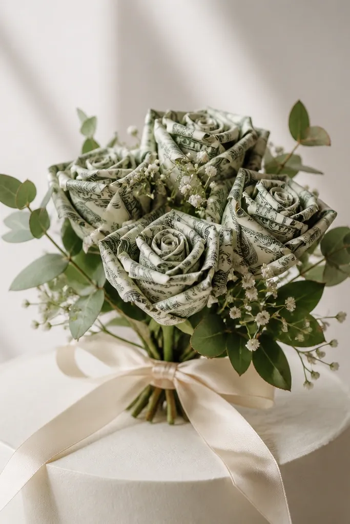 A small bouquet with 4-5 money blooms on short picks, tied with ribbon and placed as a topper shape.
