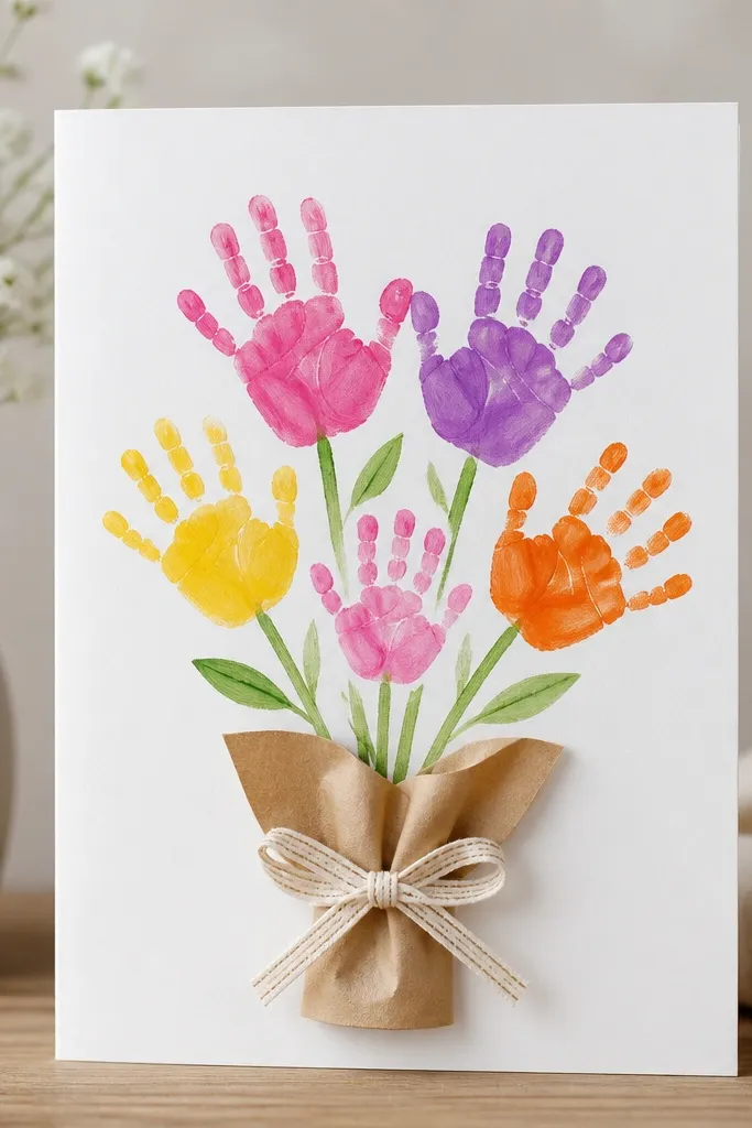 A card front showing 3-5 colorful handprints as flower petals, arranged like a bouquet. At the bottom is a small wrapped paper pot with a ribbon drawn across it.