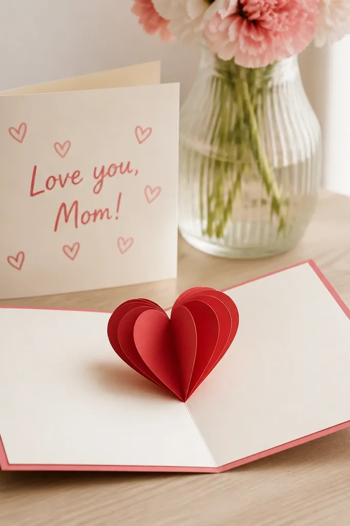 An open card where a folded heart pops up from the center crease when opened. The outside reads “Love you, Mom!” with small doodle hearts around it.