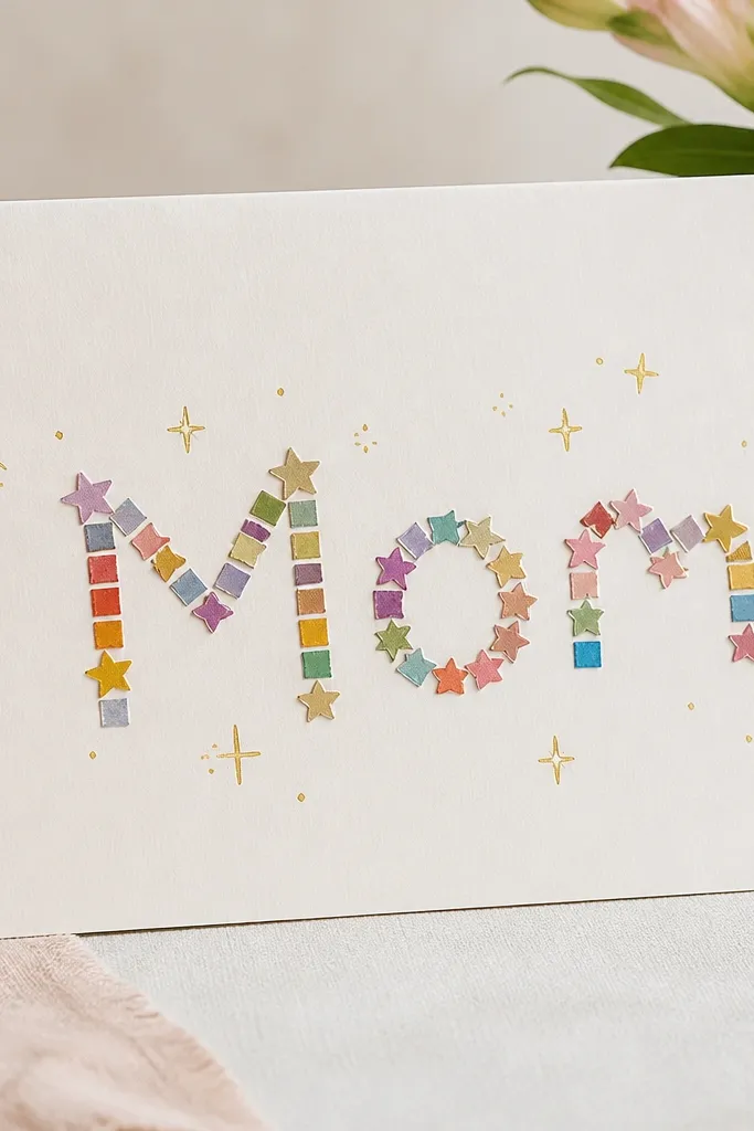 A card front with the word “Mom” made from small square and star stickers in different colors. There are tiny doodle sparkles drawn around the stickers using a gold or yellow marker.