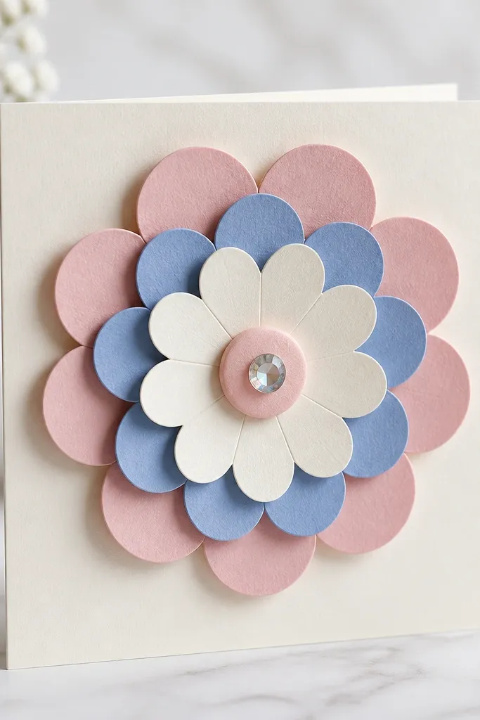 A layered paper flower on a card front: three petal circles in different colors stacked. The center has a small foam circle with a gem in the middle.