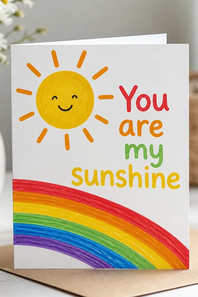 A bright sun drawn in yellow marker with orange rays, and a rainbow band across the card front. The message “You are my sunshine” is written in thick, rounded letters.