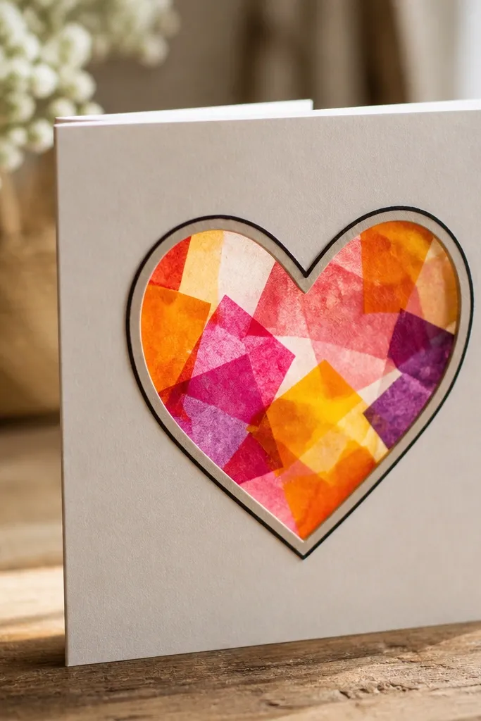 A card with a heart window covered by translucent tissue paper squares, creating a stained-glass effect. The heart edges are framed with a dark marker border and a thin paper strip.