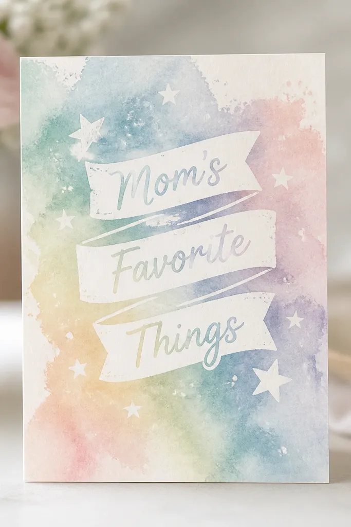 A card front where a banner shape reads “Mom’s Favorite Things.” The background is painted in light watercolor, but the banner text and stars look like they resist the paint and appear lighter.
