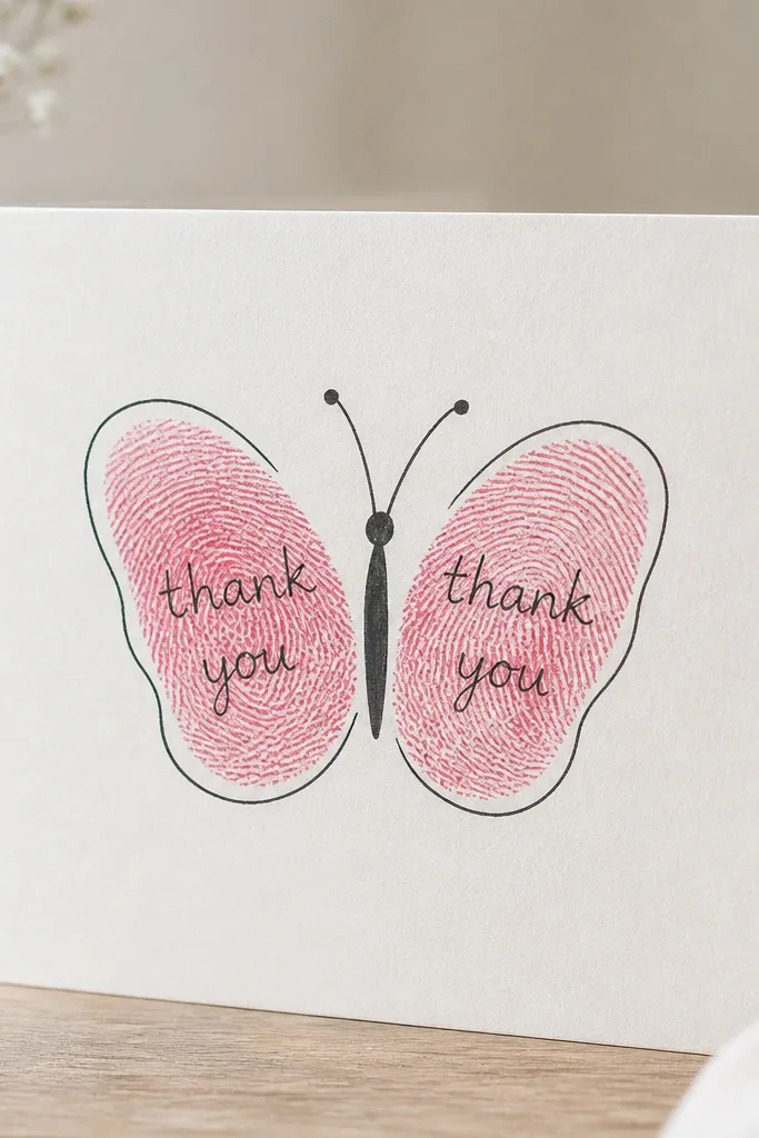 A card front with a butterfly made from two fingerprint prints as wings. The wings include small “thank you” text written inside and outlined with marker.