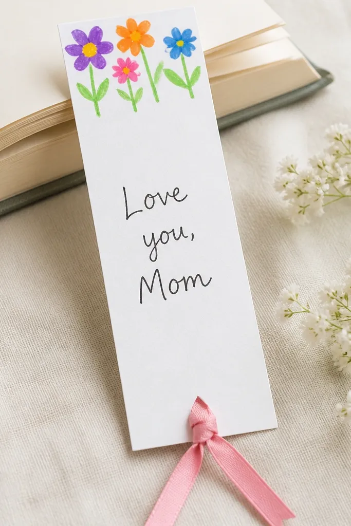 A tall bookmark made from a strip of cardstock. Kids’ marker flowers line the top edge, with a small ribbon tied at the bottom like a tassel. The middle has a simple handwritten “Love you, Mom” message.